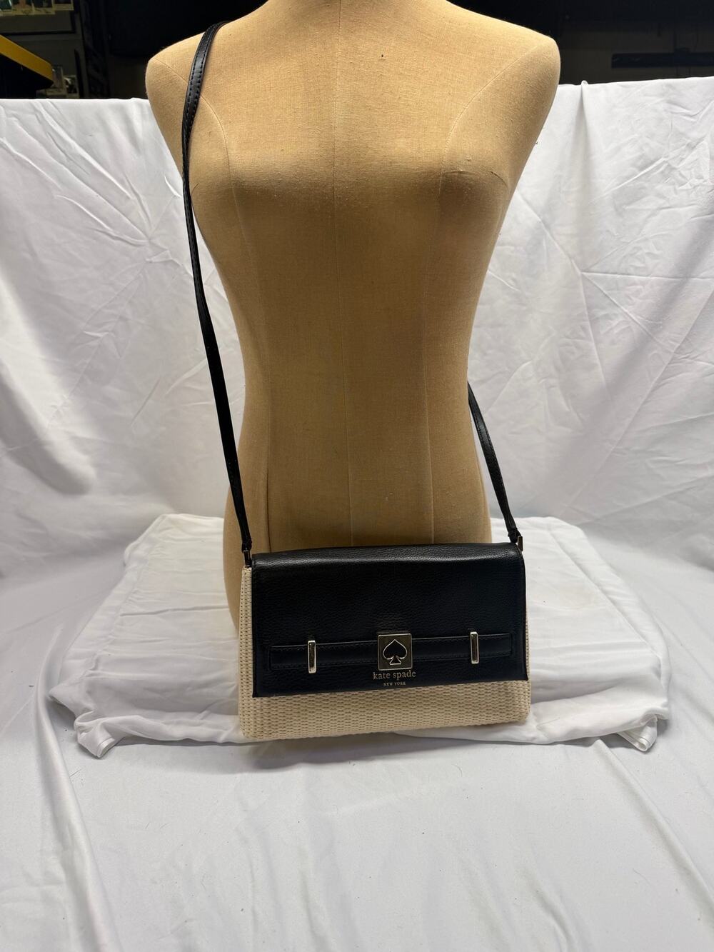 Kate Spade New York Woven Beige & Black Flap Shoulder Bag – Gold Hardware